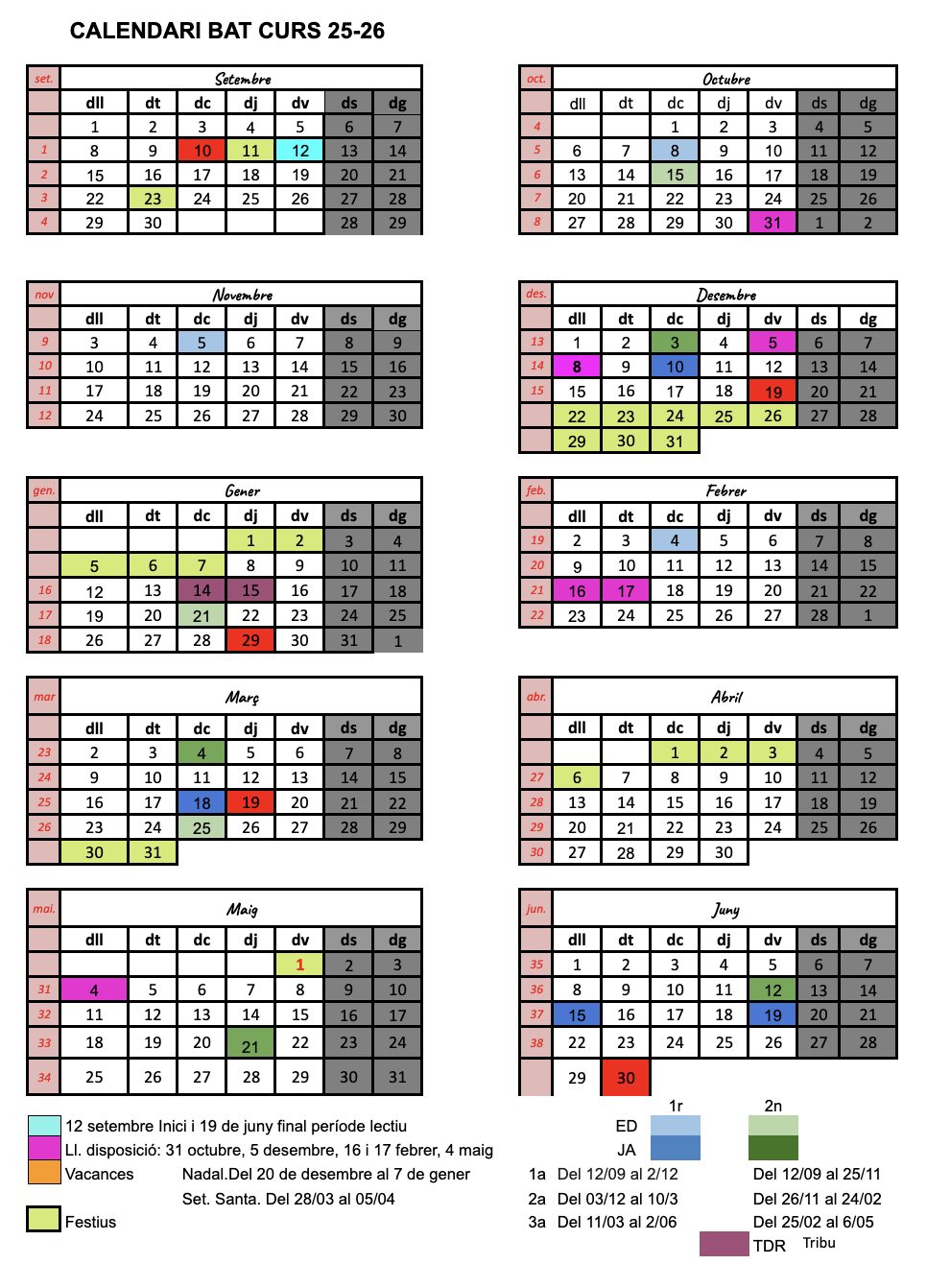 Calendari Batxillerat 2025-2026
